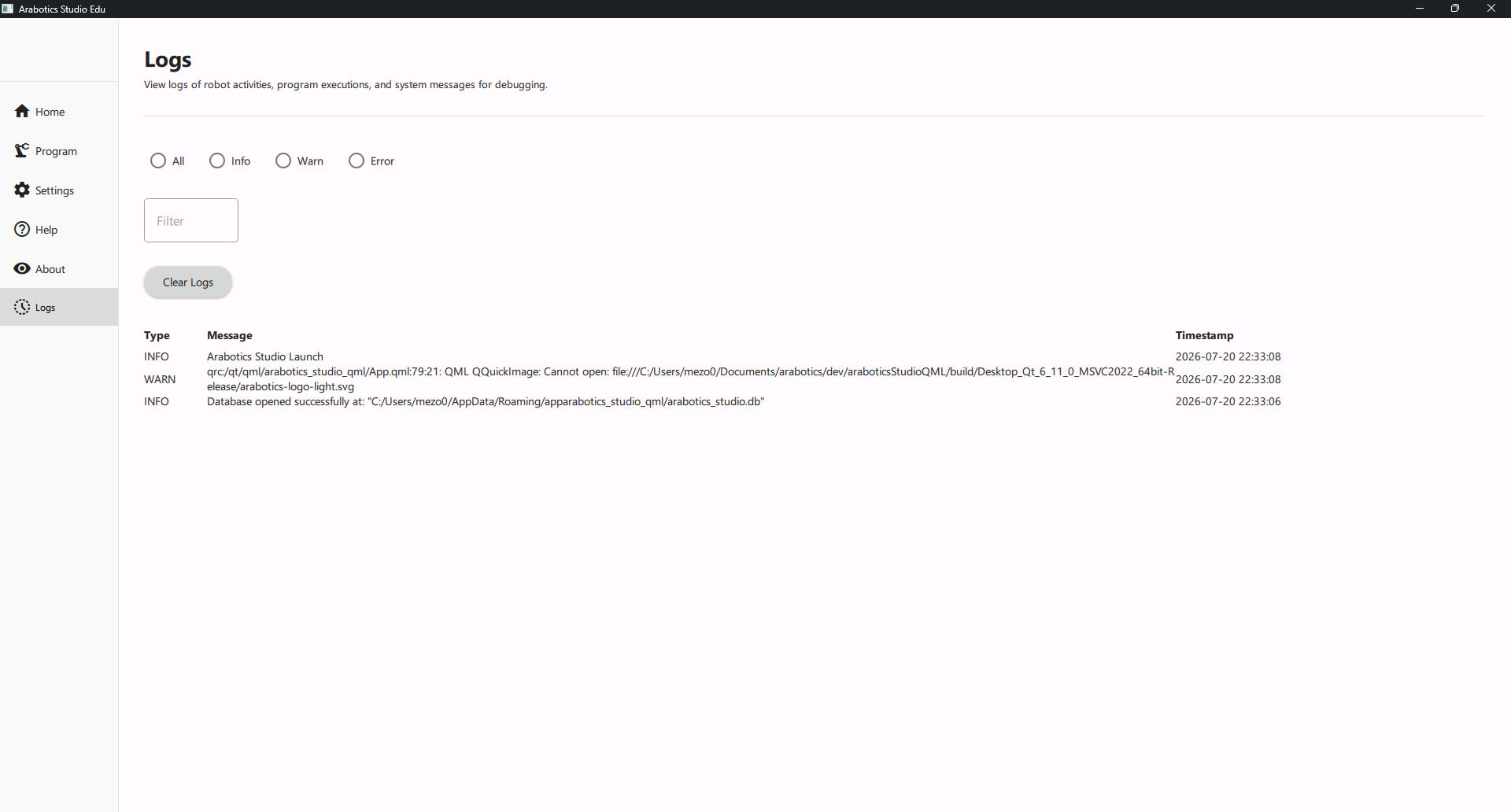 Arabotics Studio System Logs